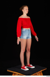 Stacy Cruz blue jeans shorts casual dressed red off shoulder…